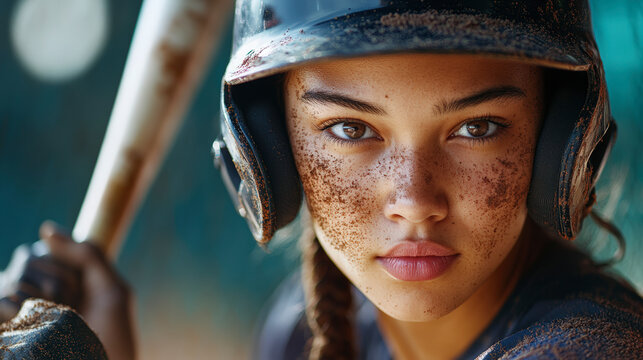 Young female baseball player intensely focused, gripping bat, showcasing determination and strength in competitive sports environment. Perfect pitch ready.