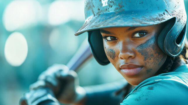 Confident female baseball player ready to bat, showcasing determination and skill in the sport. Empowering sports photography highlight.