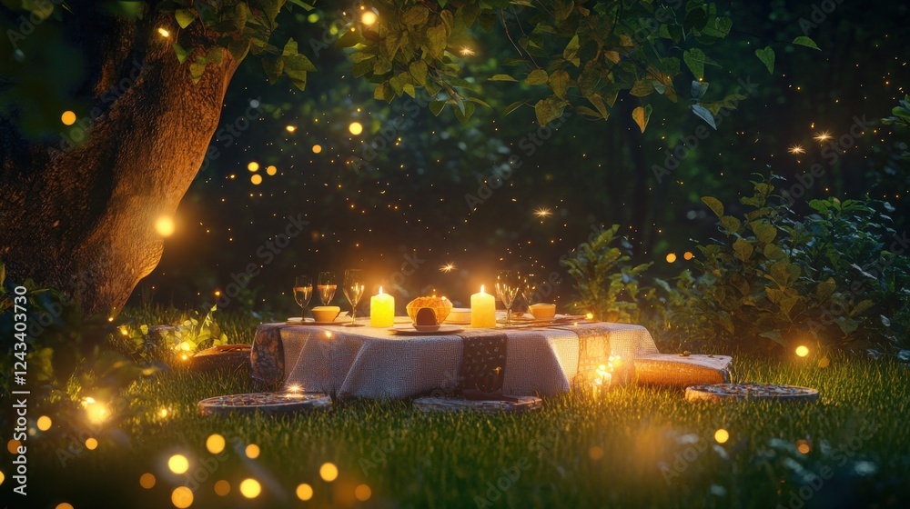 Aufkleber soft candlelight creates a warm ambiance in a serene outdoor setting with enchanting sparks and invi