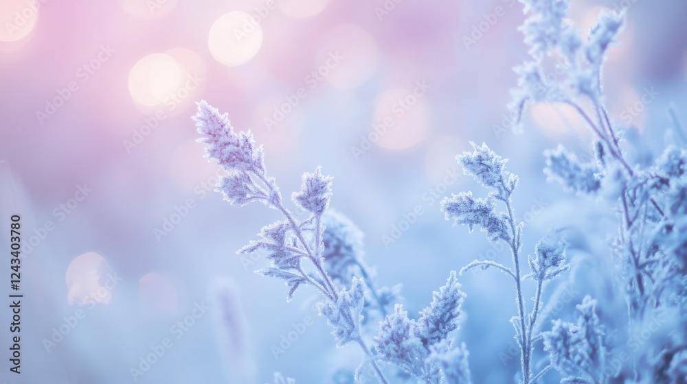 Fototapete Frosted plants illuminated by soft light create a serene atmosphere with cool-toned gradient from icy blue to pale pink