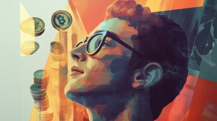 Young investors immersed in the world of cryptocurrency with futuristic elements and vivid colors