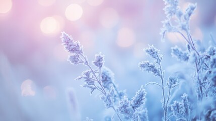 Naklejka premium Frosted plants illuminated by soft light create a serene atmosphere with cool-toned gradient from icy blue to pale pink