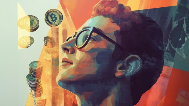 Young investors immersed in the world of cryptocurrency with futuristic elements and vivid colors