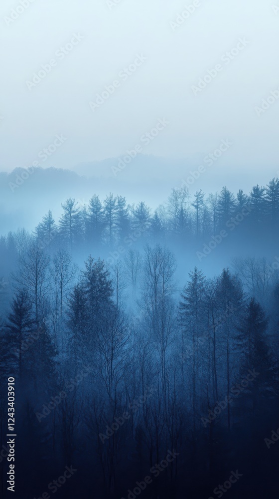 Aufkleber cool-toned gradient of misty forest transitioning through layers of trees at dawn
