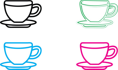 Simple line drawings, coffee cups, teacups, minimalist design, bold colors, black, green, blue, pink, outline style, clean geometric shapes, symmetrical composition, iconic representation, graphic des