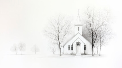 Serene winter landscape featuring a quaint country church, surrounded by bare trees, embodying peace and rural tranquility.