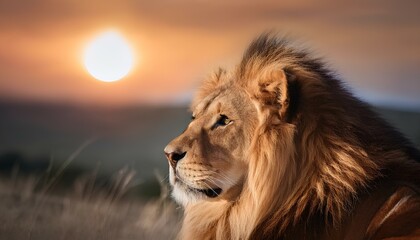 Obraz premium A close-up of a regal lion, its fur gently rustling in the warm breeze