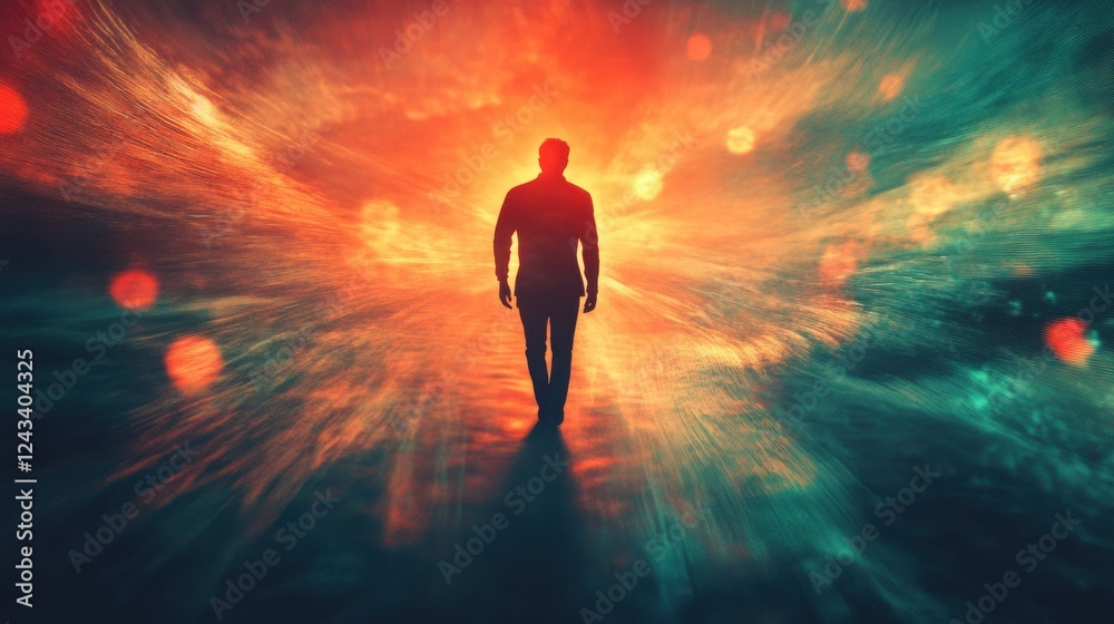 Poster conceptual depiction of a glowing man walking through an abstract landscape filled with vibrant colo