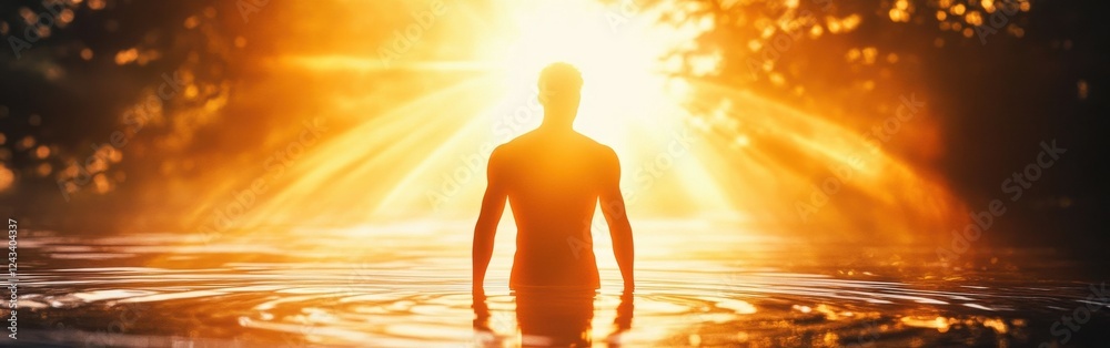 Poster man glowing with radiance while standing in shimmering water during sunset in a tranquil outdoor set