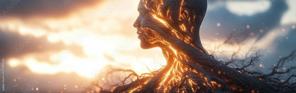 Poster glowing man surrounded by mystical energy at sunset near ancient trees creating a surreal atmosphere