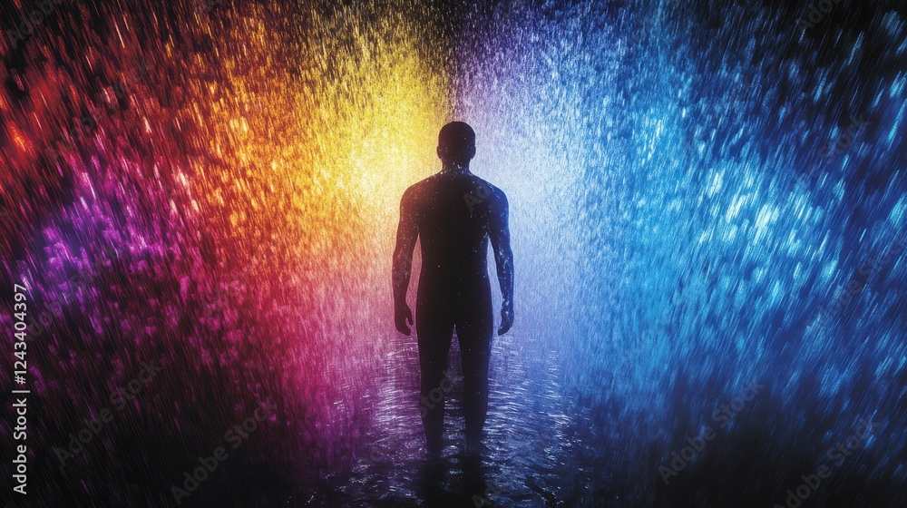 Poster man illuminated by vibrant colors in a misty atmosphere, conveying emotions and introspection during