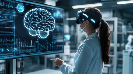futuristic cyborg girl in tech lab examines electronic brain display, showcasing advanced technology and data analysis. atmosphere is innovative and high tech
