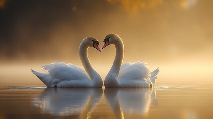 A pair of swans next to each other in the shape of a heart. Symbol of love, fidelity, harmony and unity in nature