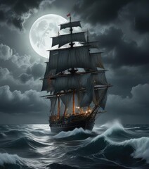 Fototapeta premium Tall ship sailing through the choppy waves of an open sea under a thick, grey dark sky with a full moon shining through the clouds, ocean waves, nautical scene, sailing adventure