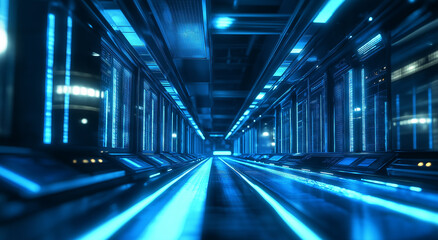 A large server room with rows of supercomputers, each glowing blue in the dimly lit space.