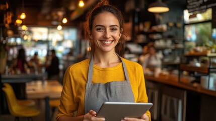 Cheerful woman with light skin and dark hair working at a cafe and interacting with customers during a busy afternoon