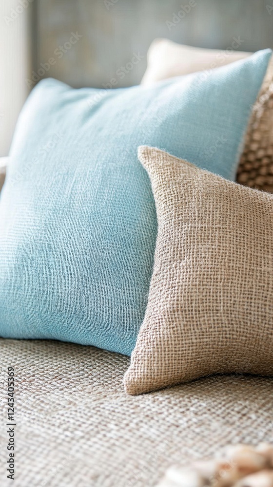 Poster calming combination of sky blue and beige decorative pillows on a soft textured surface in a serene 