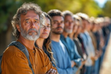 Long line of diverse individuals displaying various emotions in a serene outdoor setting
