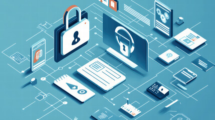 Digital security ecosystem with devices, locks, and data protection elements. This illustration emphasizes importance of cybersecurity in connected world