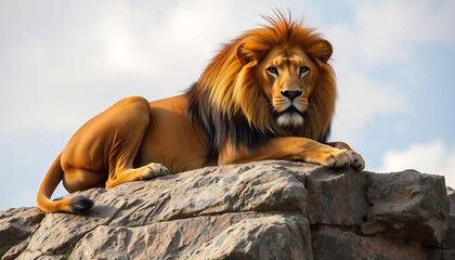 Portrait of a Lion Resting on a Rocky Hill