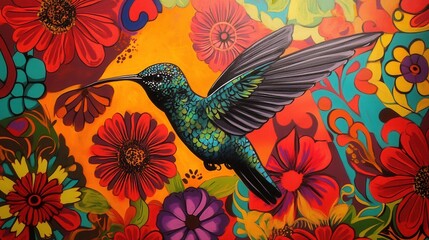 Fototapeta premium Bold graffiti mural of a hummingbird surrounded by vibrant flowers on a colorful wall