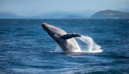Fototapeta premium A humpback whale launching from the ocean, splashing water in every direction