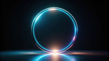 Obraz premium Futuristic glass sphere with neon light circle frame on black background render , modern, light, modern