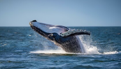Fototapeta premium A humpback whale launching from the ocean, splashing water in every direction