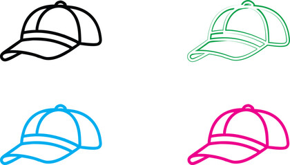 Baseball cap, simple line drawing, minimalist design, four color variations, black blue green pink, vector graphic style, sports accessory, curved brim, clean outlines, repeating pattern, geometric sh