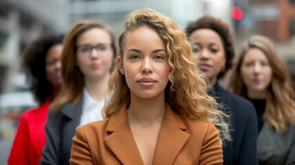 Obraz premium Embrace the Power of women: International Women's Day, a diverse and powerful group of women stand confidently in a modern urban environment. Celebrate diversity, strength and confidence.
