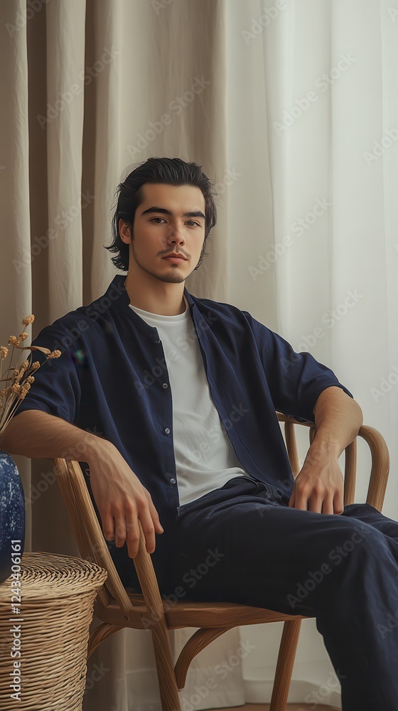 Poster young man relaxes in a minimalist setting with natural light and neutral tones