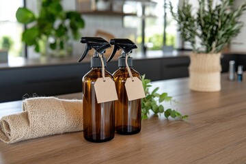 Obraz premium Two stylish cleaning bottles labeled and placed on a wooden kitchen table, showcasing a modern approach to home organization and sustainability in everyday life.