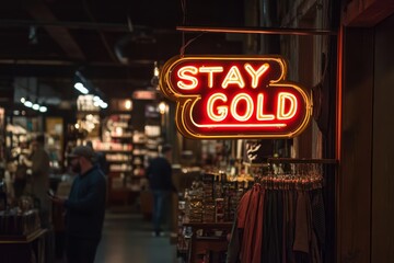 Stay gold neon sign illuminated in a cozy shopping space during evening hours