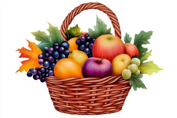 Autumn Abundance Basket of Fruits - A wicker basket overflowing with autumnal fruits and vegetables, symbolizing harvest, abundance, nature's bounty, Thanksgiving, and healthy eating.