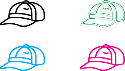 Baseball cap, simple line drawing, minimalist design, four color variations, black blue green pink, vector graphic style, sports accessory, curved brim, clean outlines, repeating pattern, geometric sh