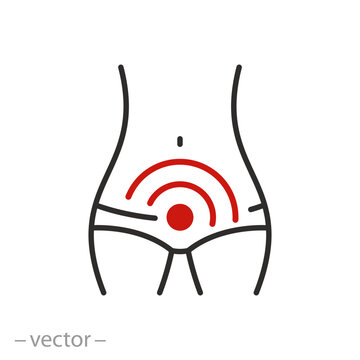 cystitis icon, groin ache, urinary incontinence, bladder disease, thin line symbol - editable stroke vector illustration