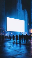 Nighttime urban elegance with a glowing billboard and winter-clad figures under skyscrapers