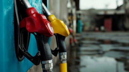 Gas Station Fuel Nozzles and Pumps - Red and yellow gas pump nozzles on a blue wall, symbolizing energy, transportation, fuel, industry, and economics.