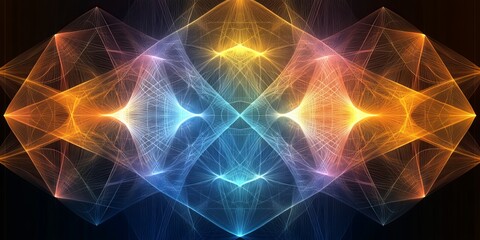 Abstract Symmetrical Network of Glowing Lines, Bright Cyan and Orange on a Dark Background