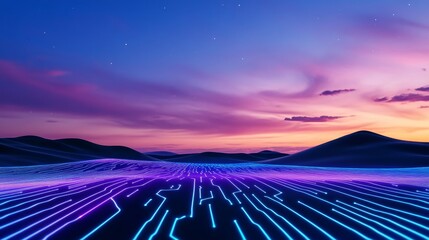 Digital Sunset Landscape - Glowing circuit lines illuminate a desert landscape at sunset.  A vibrant, futuristic scene.