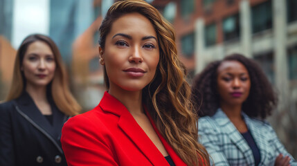 Fototapeta premium Embrace the Power of women: International Women's Day, a diverse and powerful group of women stand confidently in a modern urban environment. Celebrate diversity, strength and confidence.