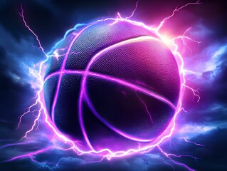 close up of a perfect basketball ball with neon lightning bolts behind, dark stormy sky, neon purple and electric blue 