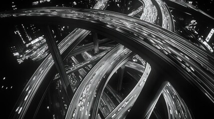 Night city highway interchange aerial; traffic flow