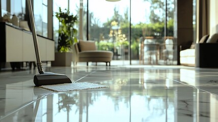 Modern home, floor cleaning, sunlight, outdoor view, cleaning service