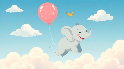 Cute baby elephant floating in the sky with a colorful balloon, playful, elephant, clouds