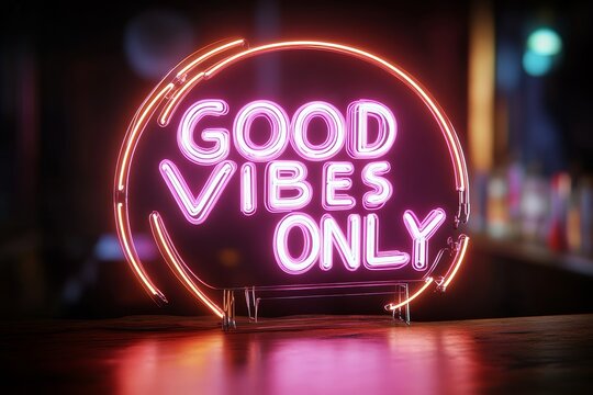 Good vibes only neon sign in a lively bar showcases a vibrant atmosphere and positive energy during an evening social gathering