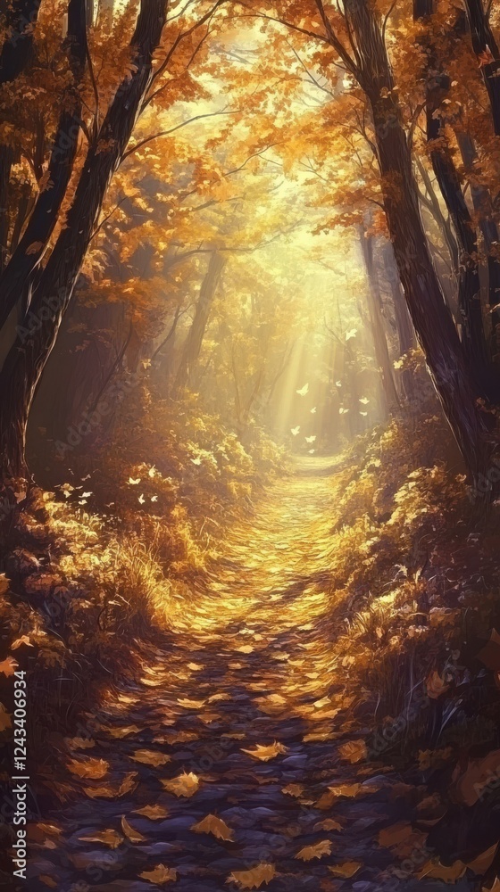 Poster cozy forest path covered in autumn leaves illuminated by soft golden sunlight creates a tranquil and