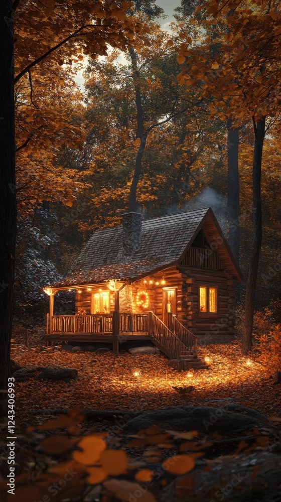 Poster cozy forest cabin aglow with warm lights embraced by vibrant autumn foliage in a serene setting