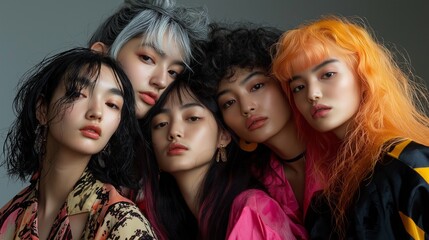 Five striking young women pose closely together, each flaunting distinct hairstyles and colorful outfits