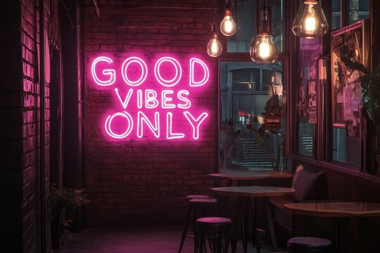 Neon sign illuminates cozy cafe interior with a positive message during evening hours